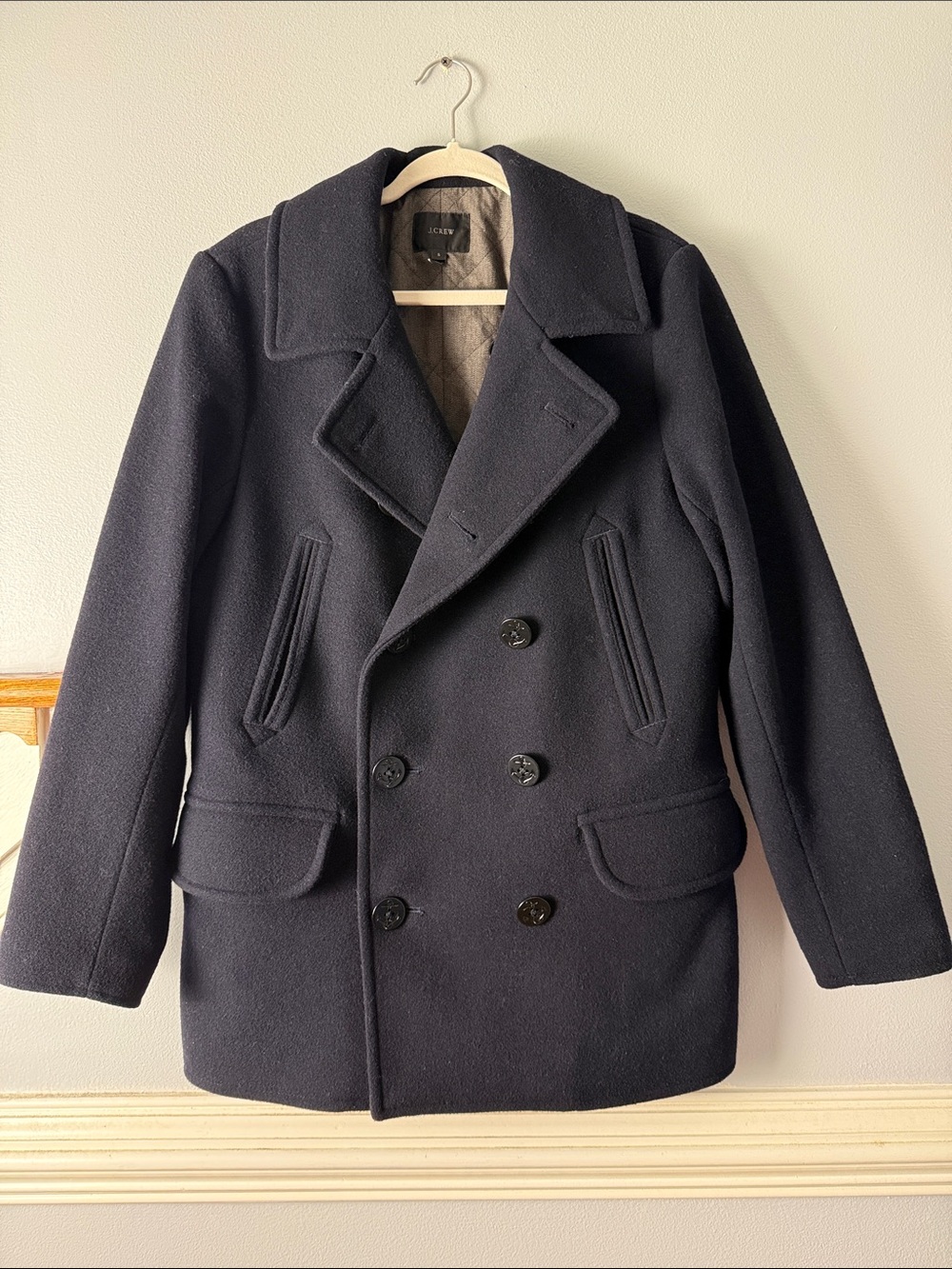 J. Crew Men's Dark Navy Double-Breasted Wool Peacoat. 80% wool Very nice!